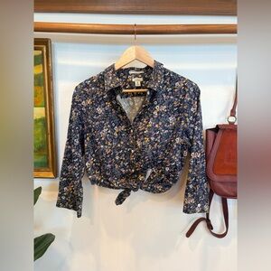 L.L. Bean Floral Tie Front Blouse Cottagecore Button Up Top